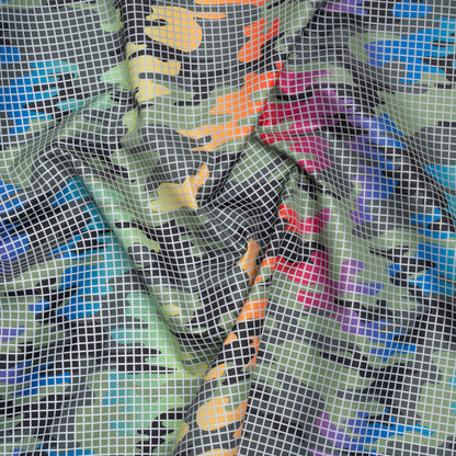 Reflective Print Fabric - Olive Green and Rainbow Camouflage with Silver Gray Grid