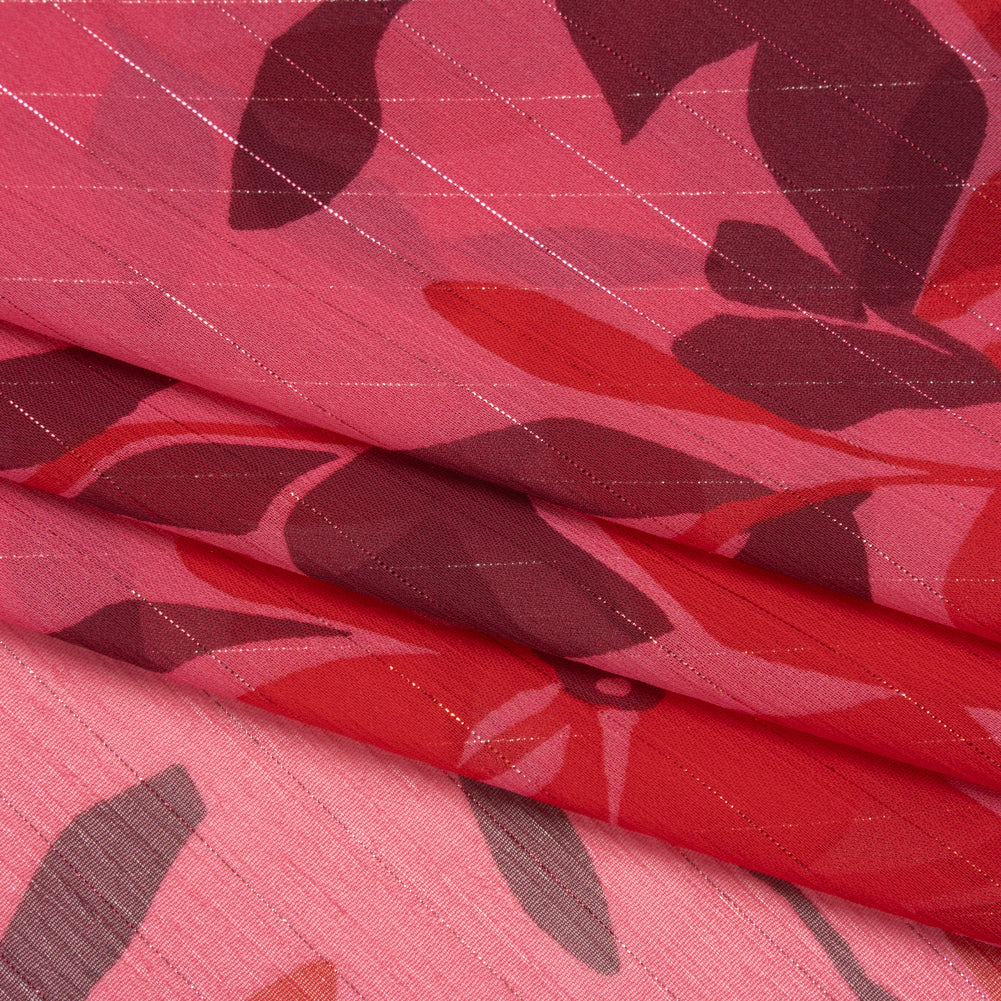 Polyester Chiffon with Metallic Pinstripes - Dark Pink, Red and Burgundy Floral - Designer Deadstock - Folded