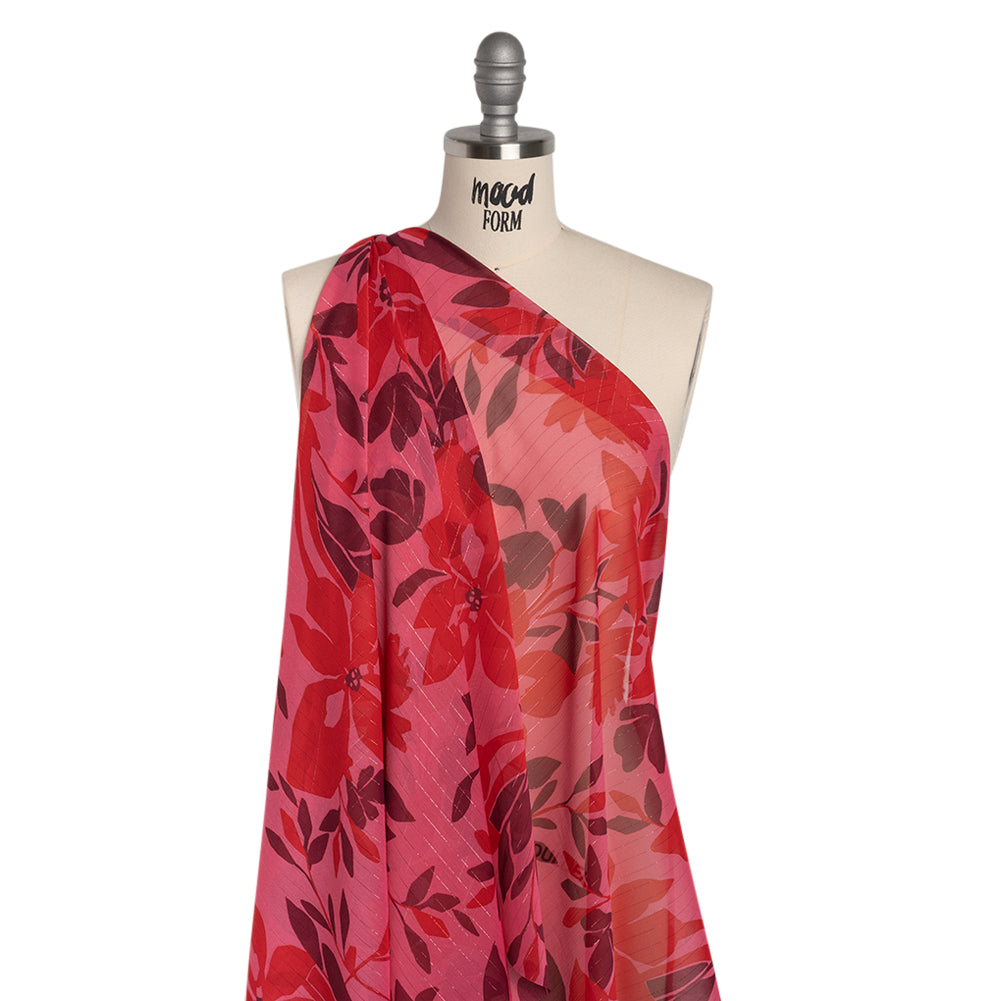 Polyester Chiffon with Metallic Pinstripes - Dark Pink, Red and Burgundy Floral - Designer Deadstock - Drape