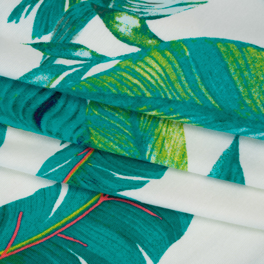 Stretch Rayon Jersey Print - Ocean Green, Lime and Pink Lush Tropical Leaves - Designer Deadstock - Folded