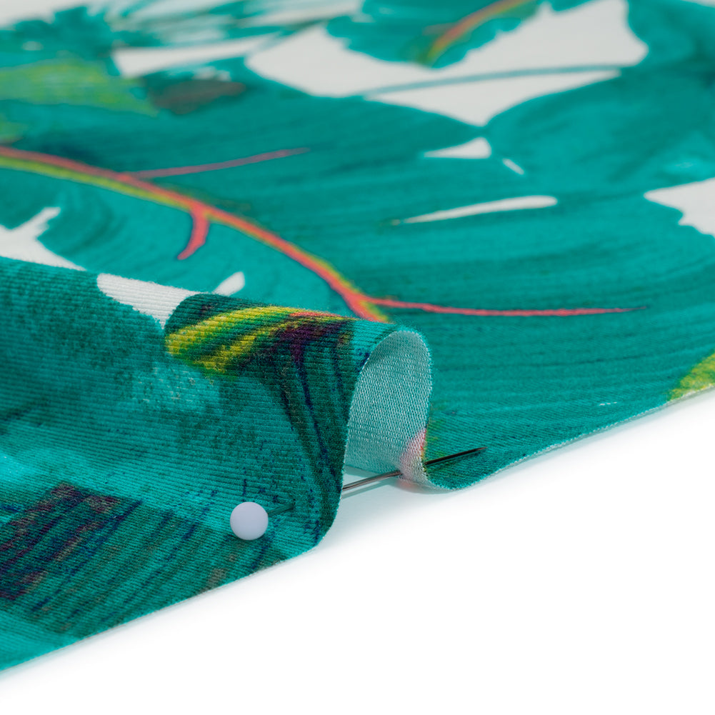 Stretch Rayon Jersey Print - Ocean Green, Lime and Pink Lush Tropical Leaves - Designer Deadstock - Detail