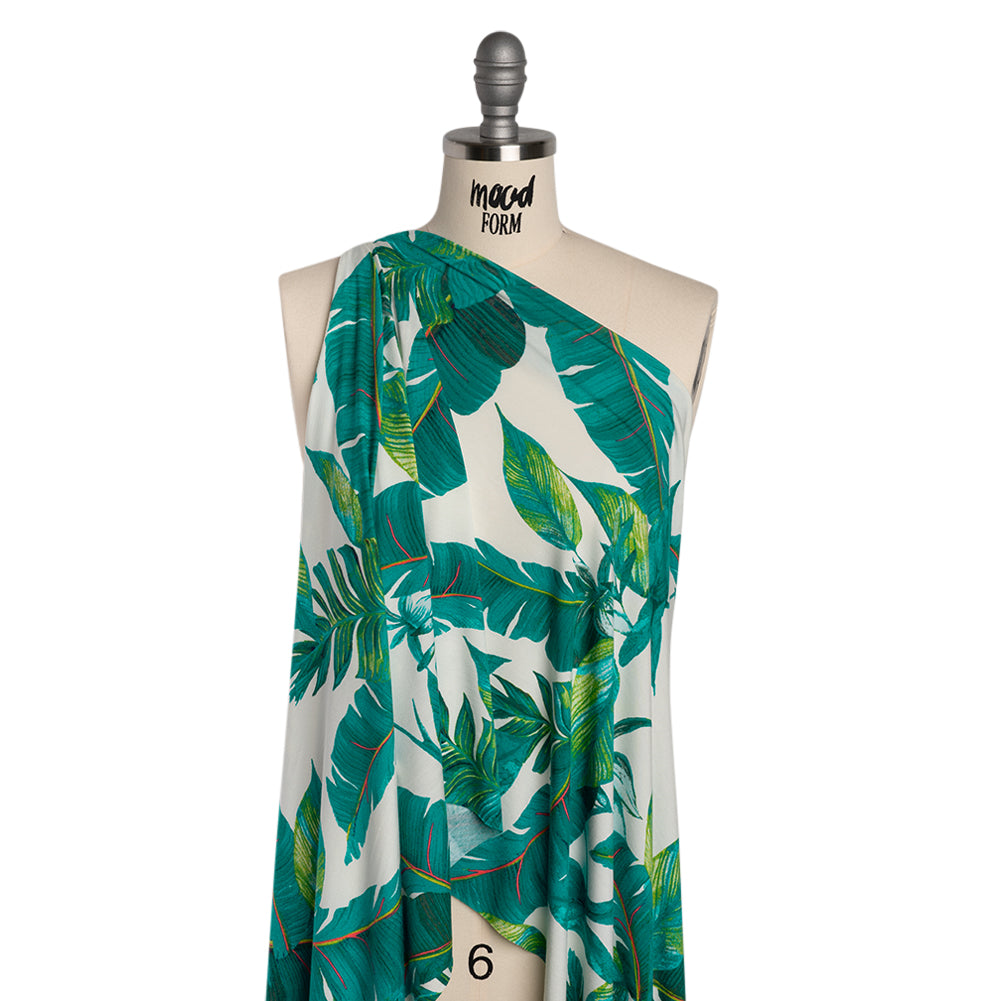 Stretch Rayon Jersey Print - Ocean Green, Lime and Pink Lush Tropical Leaves - Designer Deadstock - Drape