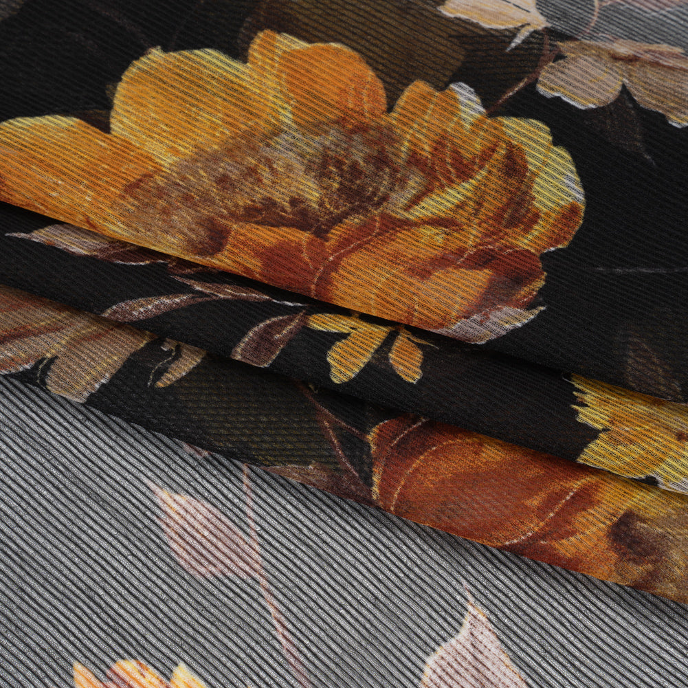 Polyester Chiffon Print with Textured Pinstripes - Black, Yellow and Orange Floral - Designer Deadstock - Detail