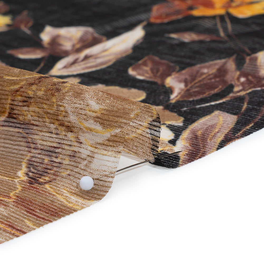 Polyester Chiffon Print with Textured Pinstripes - Black, Yellow and Orange Floral - Designer Deadstock - Full - Image 4 of 5