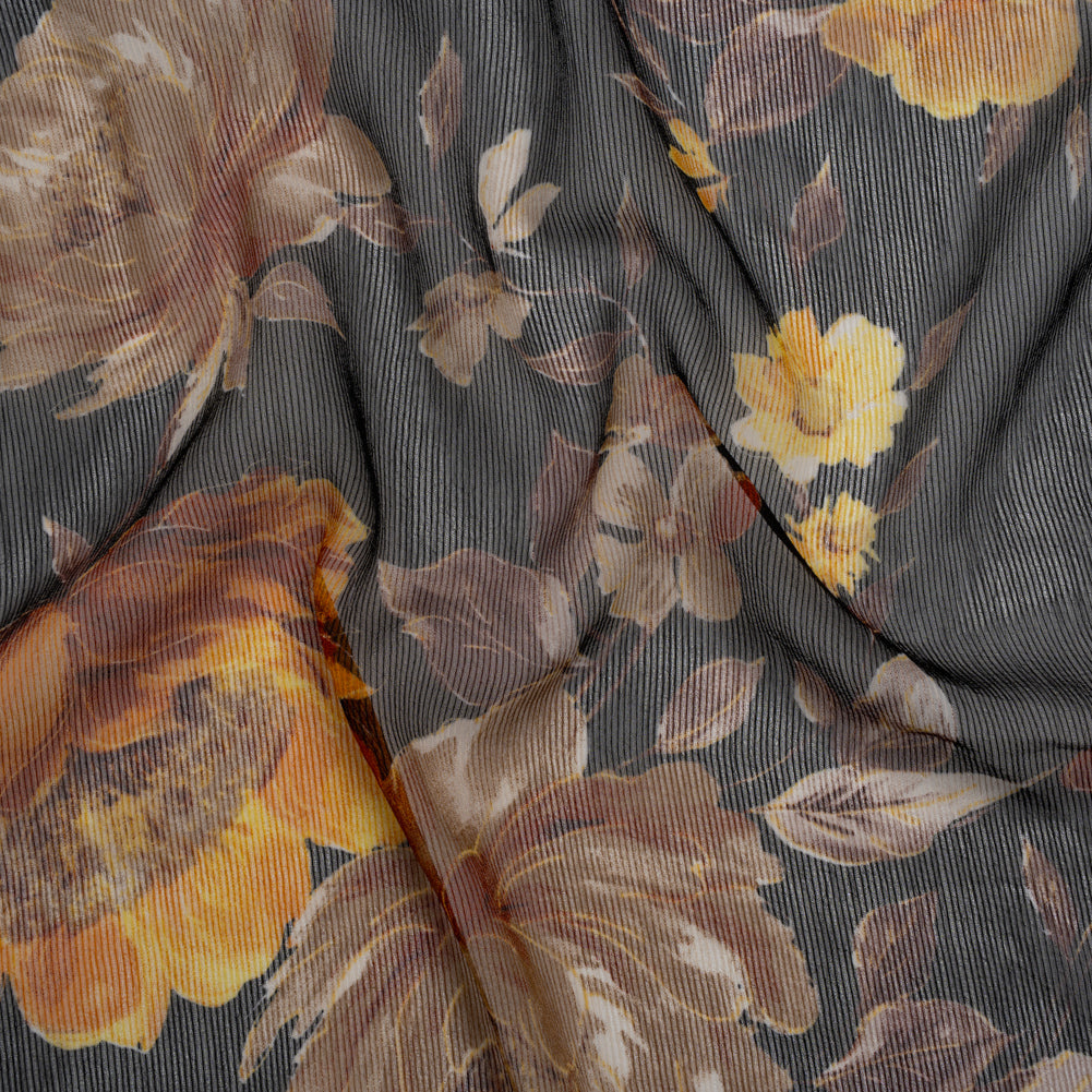 Polyester Chiffon Print with Textured Pinstripes - Black, Yellow and Orange Floral - Designer Deadstock - Drape