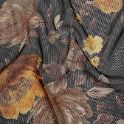 Polyester Chiffon Print with Textured Pinstripes - Black, Yellow and Orange Floral - Designer Deadstock