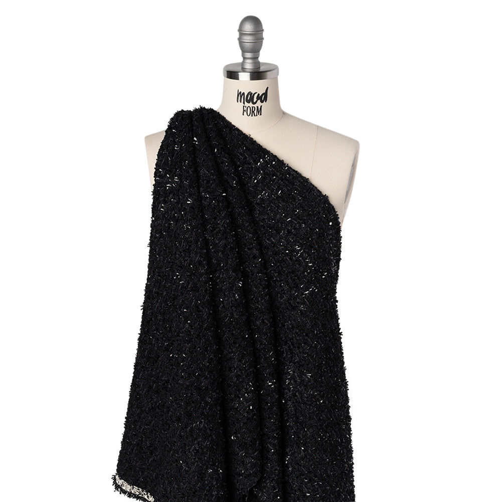 Wool Blend Tweed Boucle by Balenciaga - Black with Metallic Yarns - Designer Deadstock - Drape