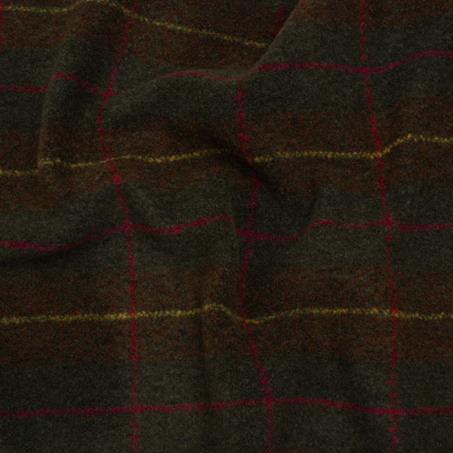 Brushed Tweedy Wool Boucle Coating - Green, Brown and Yellow Plaid - Deadstock