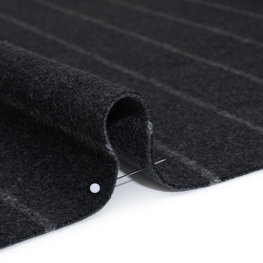 Brushed Wool Double Cloth Coating - Gray and Black Chalk Stripes - Deadstock - Detail