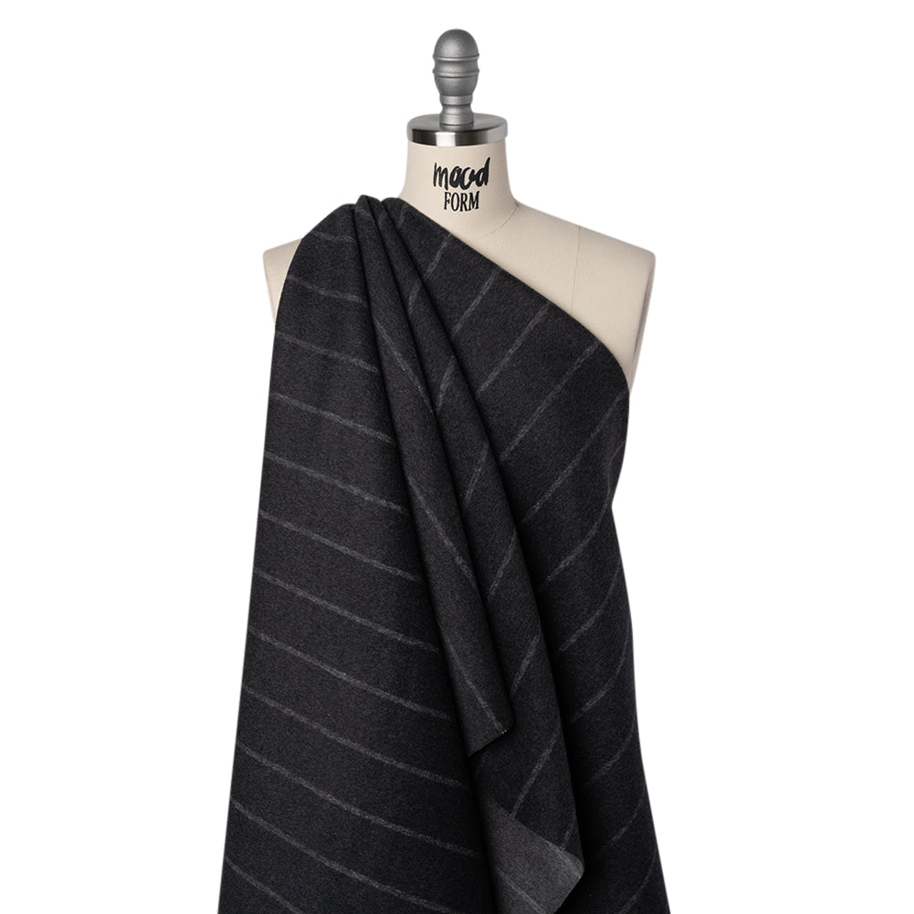 Brushed Wool Double Cloth Coating - Gray and Black Chalk Stripes - Deadstock - Drape