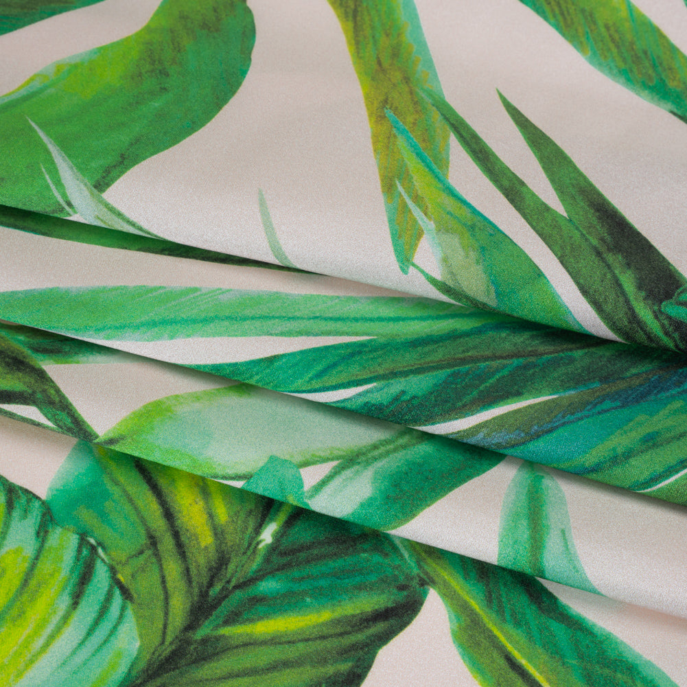 Silk Charmeuse Print 16MM, Made in Italy - Cream and Green Tropical Leaves Detail