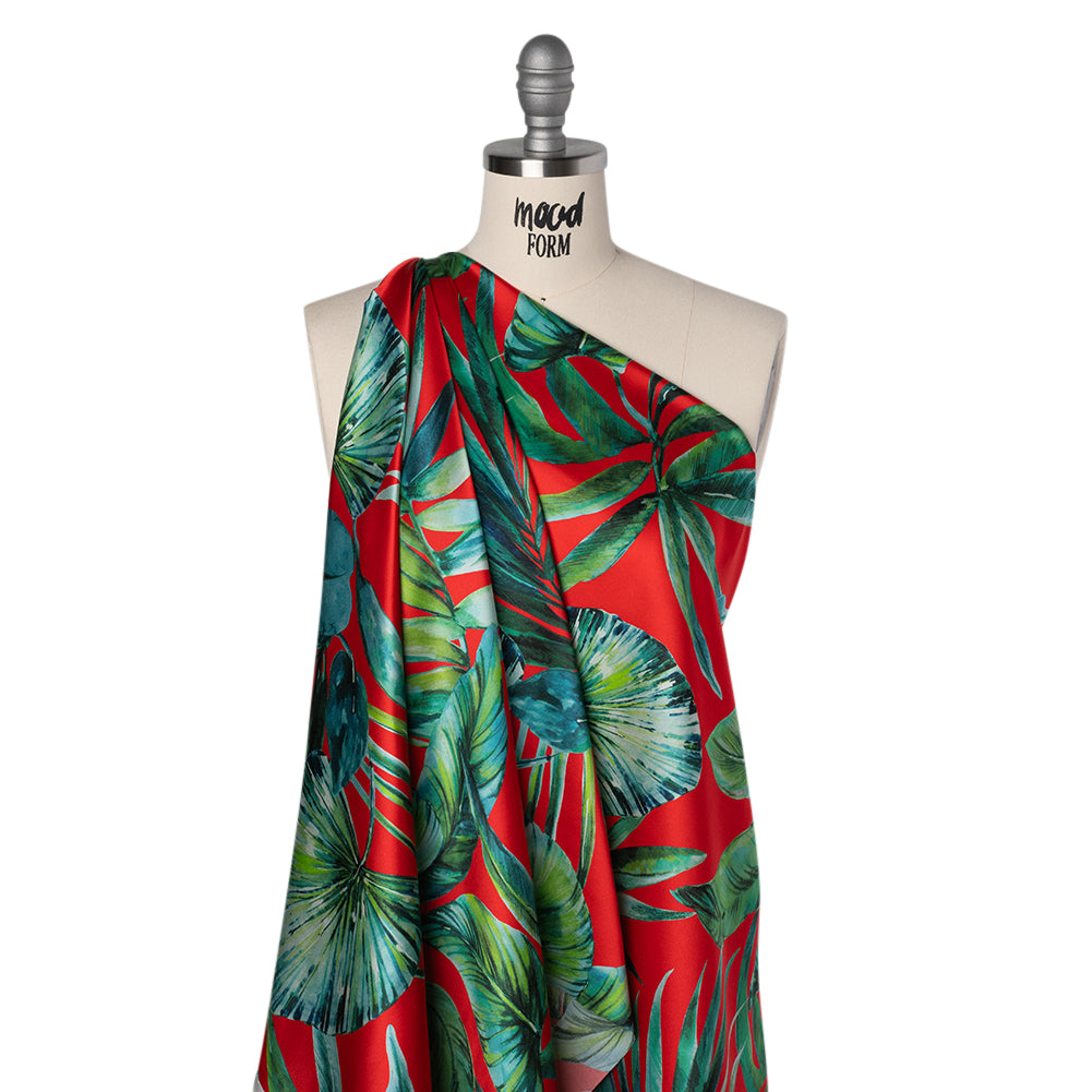 Silk Charmeuse Print 16MM, Made in Italy - Red and Green Tropical Leaves Folded