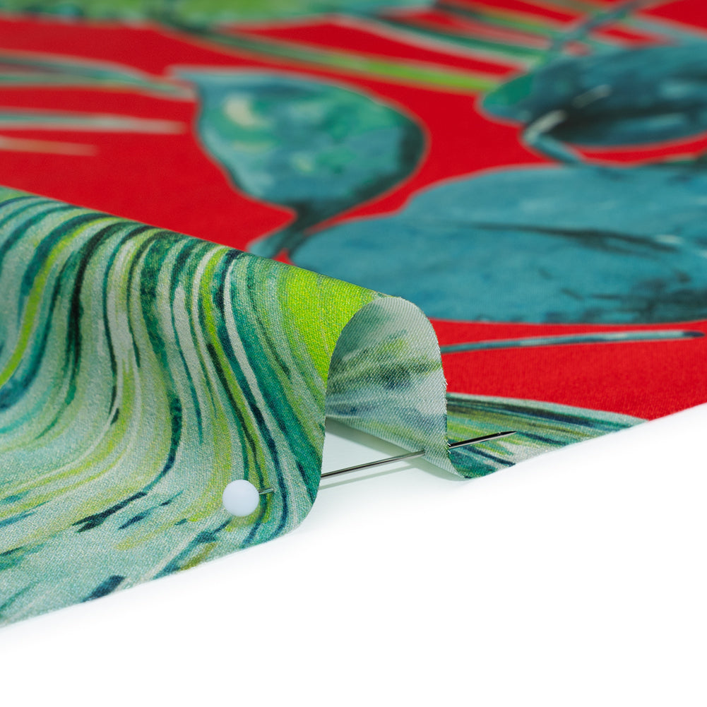 Silk Charmeuse Print 16MM, Made in Italy - Red and Green Tropical Leaves Full