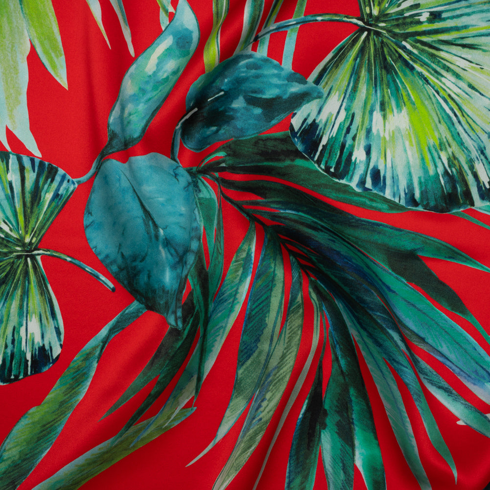 Silk Charmeuse Print 16MM, Made in Italy - Red and Green Tropical Leaves Drape