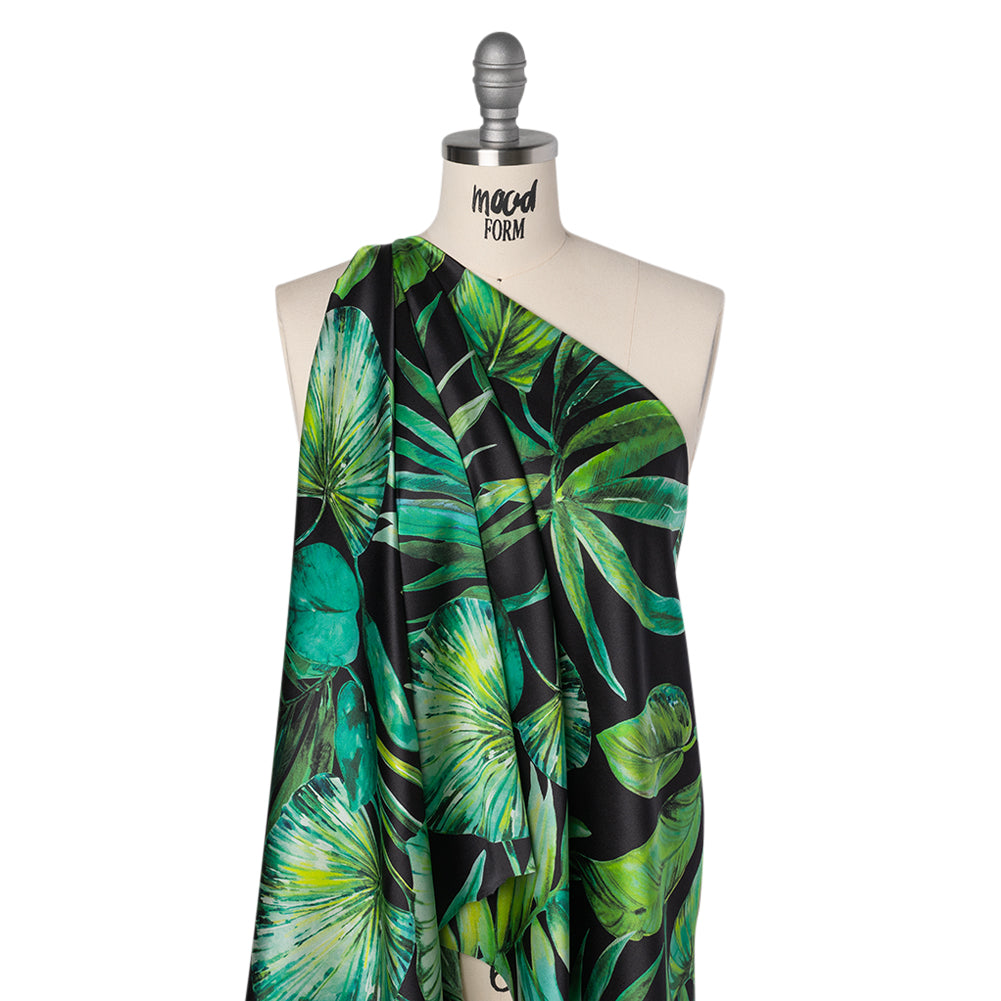 Silk Charmeuse Print 16MM, Made in Italy - Black and Green Tropical Leaves - Folded