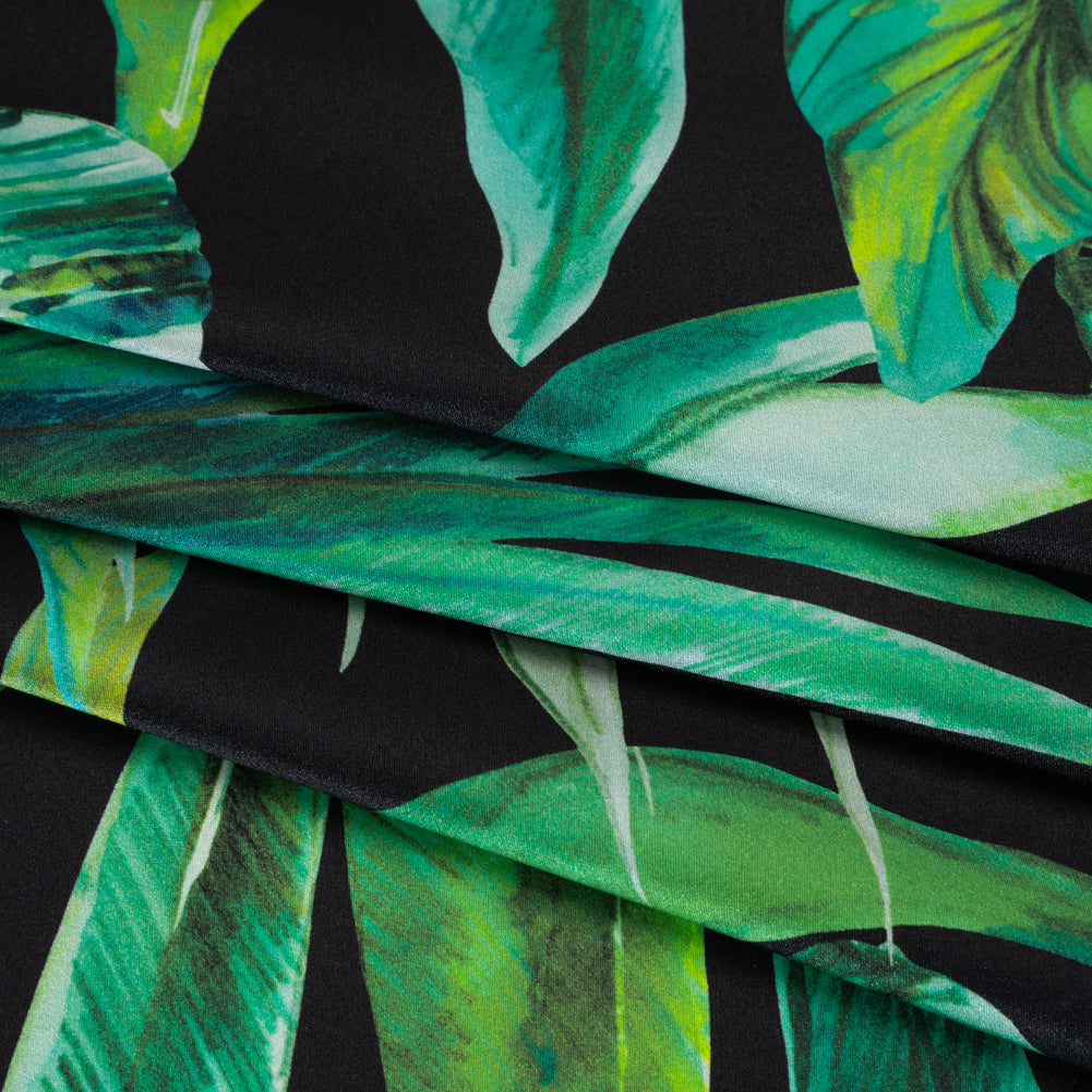Silk Charmeuse Print 16MM, Made in Italy - Black and Green Tropical Leaves - Detail