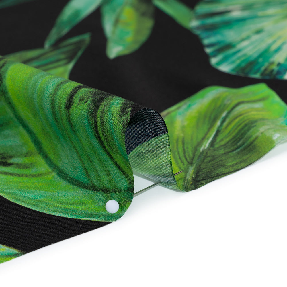 Silk Charmeuse Print 16MM, Made in Italy - Black and Green Tropical Leaves - Full