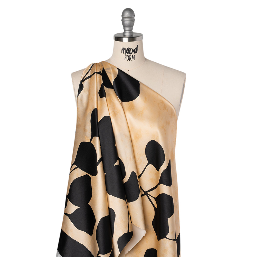 Silk Charmeuse Print 16MM, Made in Italy - Mottled Beige and Black Plant Silhouettes Border Folded