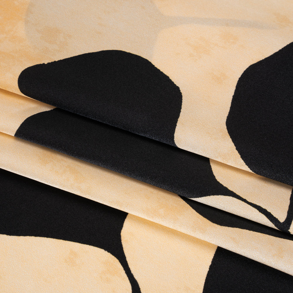 Silk Charmeuse Print 16MM, Made in Italy - Mottled Beige and Black Plant Silhouettes Border Detail
