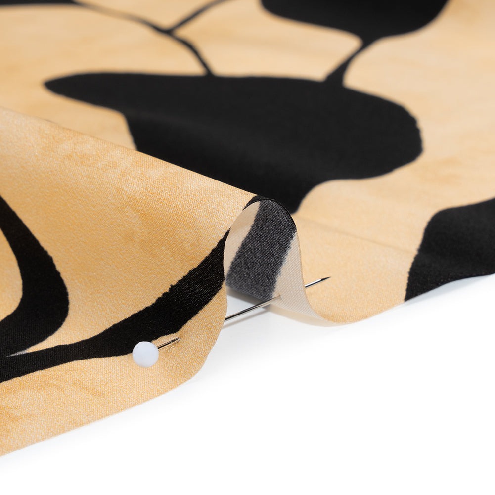 Silk Charmeuse Print 16MM, Made in Italy - Mottled Beige and Black Plant Silhouettes Border Full
