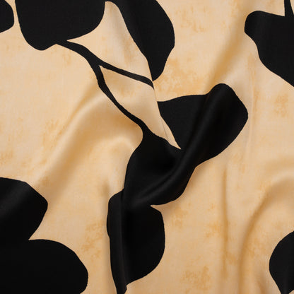 Silk Charmeuse Print 16MM, Made in Italy - Mottled Beige and Black Plant Silhouettes Border Drape