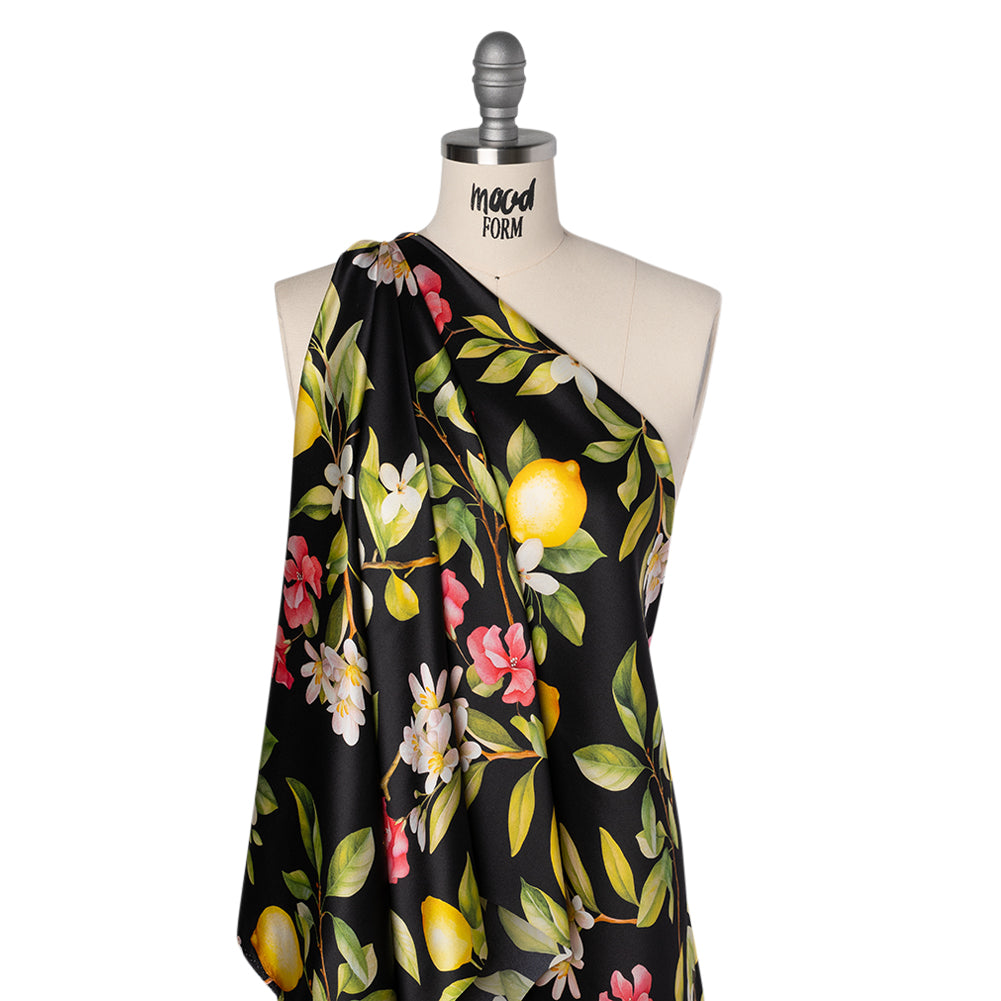Silk Charmeuse Print 16MM, Made in Italy - Black, Green and Yellow Blossoming Lemon Tree Folded