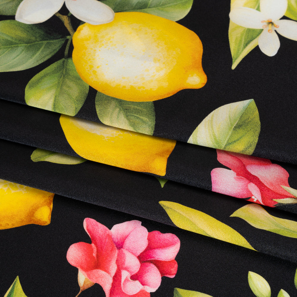 Silk Charmeuse Print 16MM, Made in Italy - Black, Green and Yellow Blossoming Lemon Tree Detail