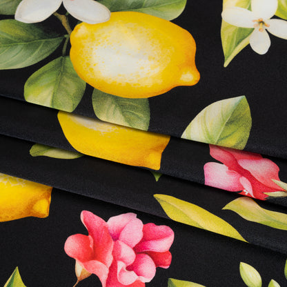 Silk Charmeuse Print 16MM, Made in Italy - Black, Green and Yellow Blossoming Lemon Tree Detail