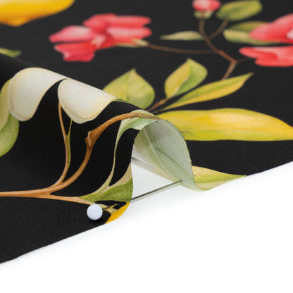 Silk Charmeuse Print 16MM, Made in Italy - Black, Green and Yellow Blossoming Lemon Tree Full