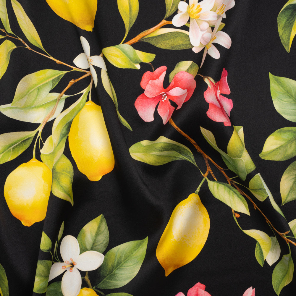 Silk Charmeuse Print 16MM, Made in Italy - Black, Green and Yellow Blossoming Lemon Tree Drape