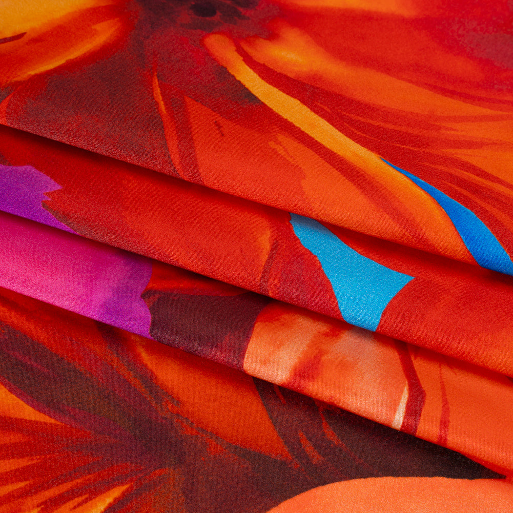 Silk Charmeuse Print 16MM, Made in Italy - Bright Pink, Coral Orange and Blue Painterly Flowers - Detail