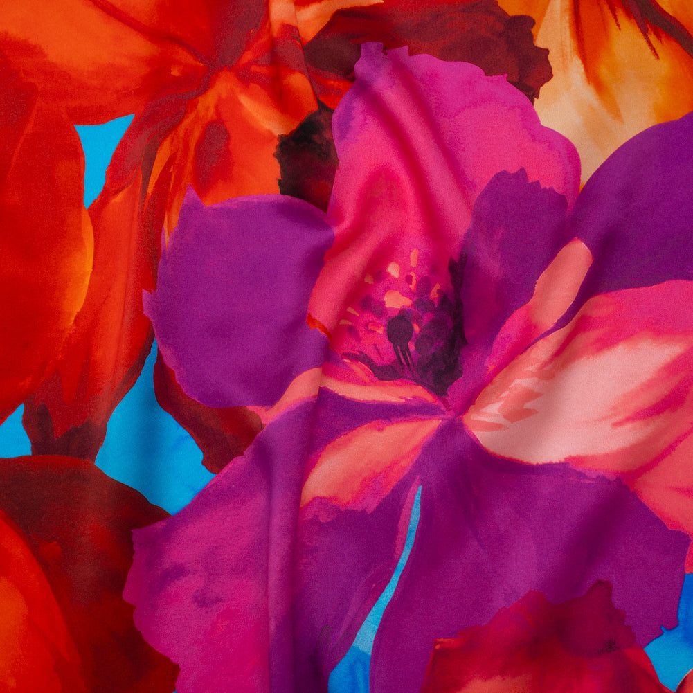 Silk Charmeuse Print 16MM, Made in Italy - Bright Pink, Coral Orange and Blue Painterly Flowers - Drape