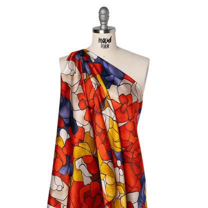 Silk Charmeuse Print 16MM, Made in Italy - Red, Golden Yellow and Dark Blue Stained Glass Roses
