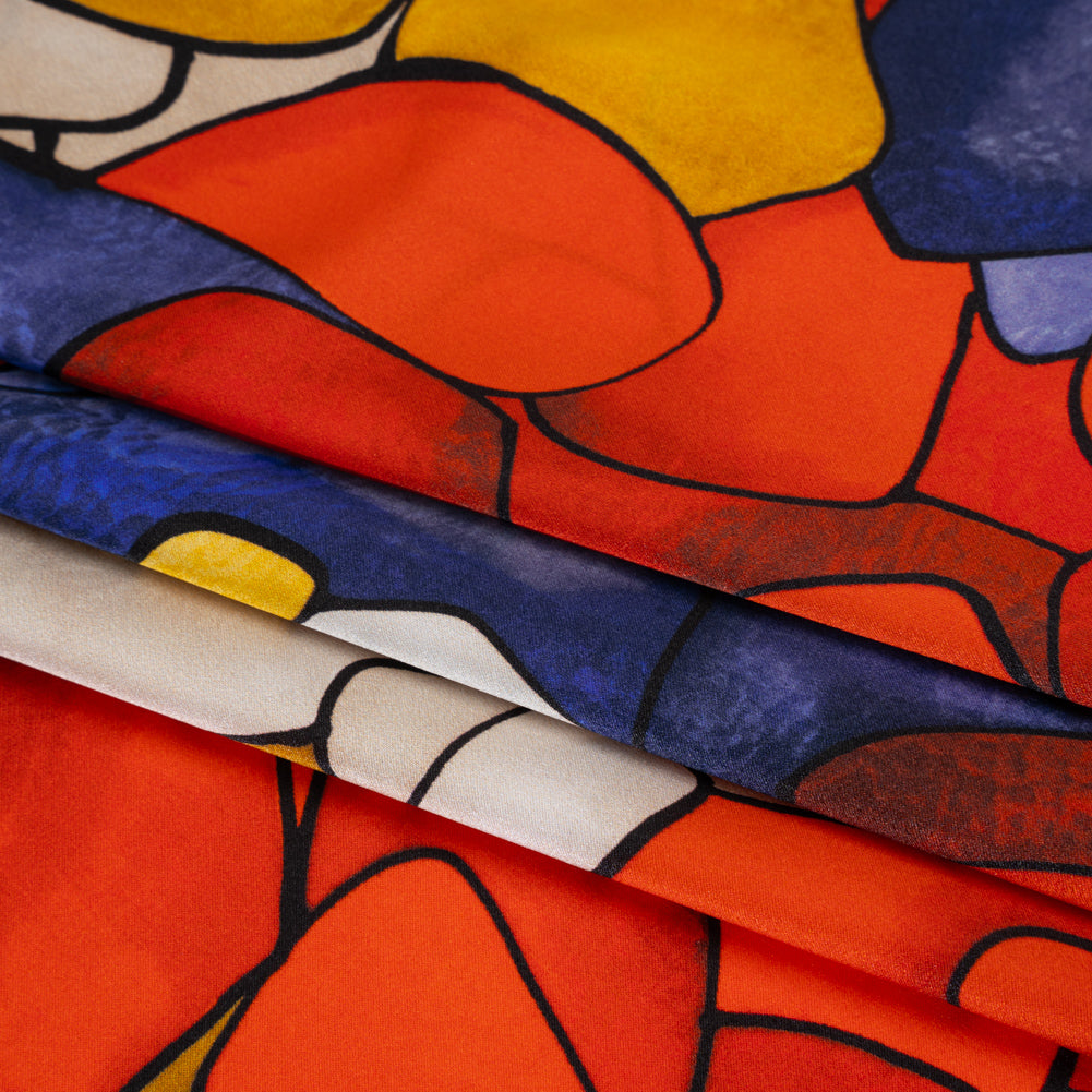 Silk Charmeuse Print 16MM, Made in Italy - Red, Golden Yellow and Dark Blue Stained Glass Roses - Detail