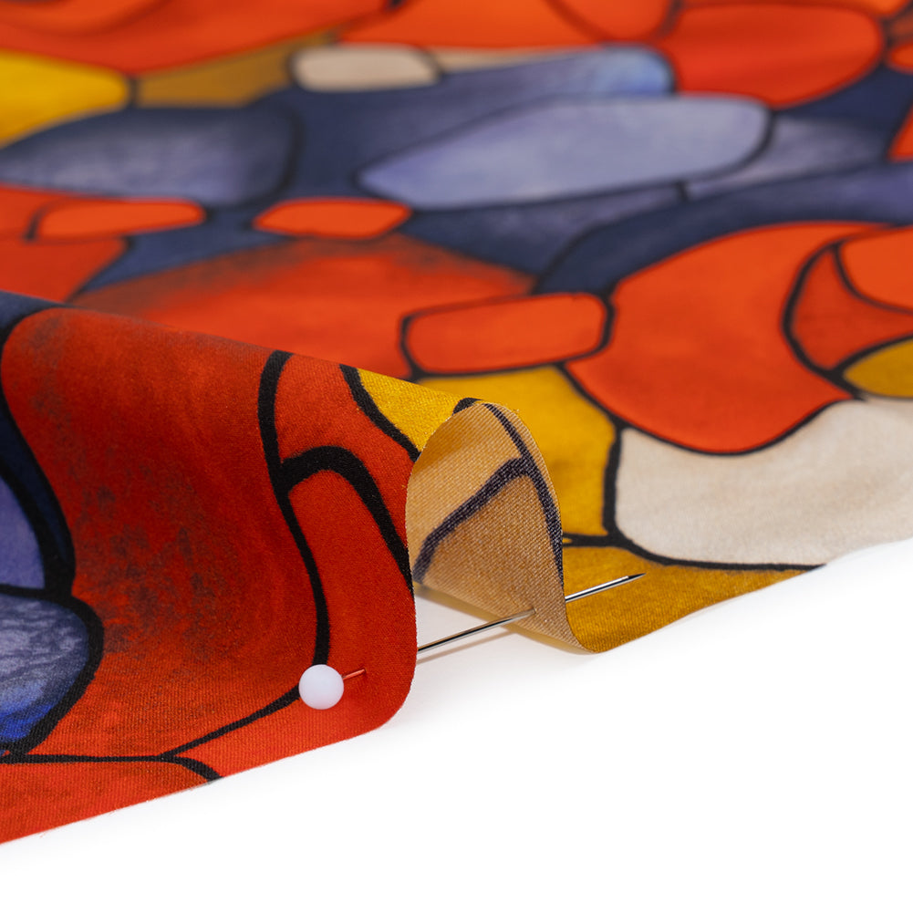 Silk Charmeuse Print 16MM, Made in Italy - Red, Golden Yellow and Dark Blue Stained Glass Roses - Full