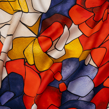 Silk Charmeuse Print 16MM, Made in Italy - Red, Golden Yellow and Dark Blue Stained Glass Roses