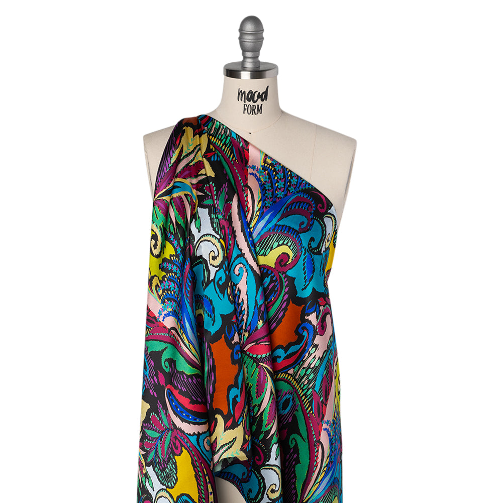 Silk Charmeuse Print 16MM, Made in Italy - Black, Turquoise and Berry Red Painterly Ikat Paisley Folded