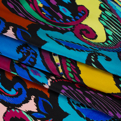Silk Charmeuse Print 16MM, Made in Italy - Black, Turquoise and Berry Red Painterly Ikat Paisley Detail