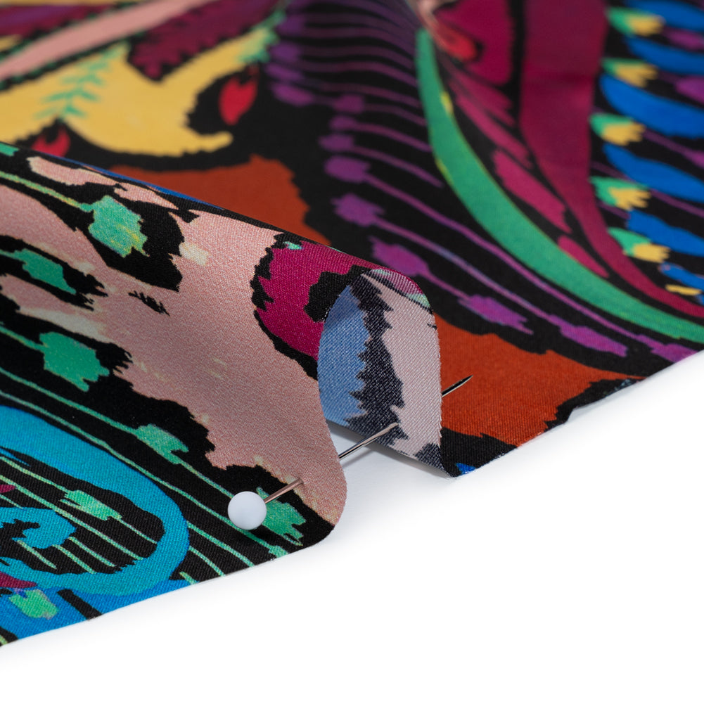 Silk Charmeuse Print 16MM, Made in Italy - Black, Turquoise and Berry Red Painterly Ikat Paisley Full