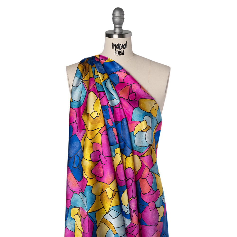 Silk Charmeuse Print 16MM, Made in Italy - Bright Pink, Golden Yellow and Blue Stained Glass Roses - Folded