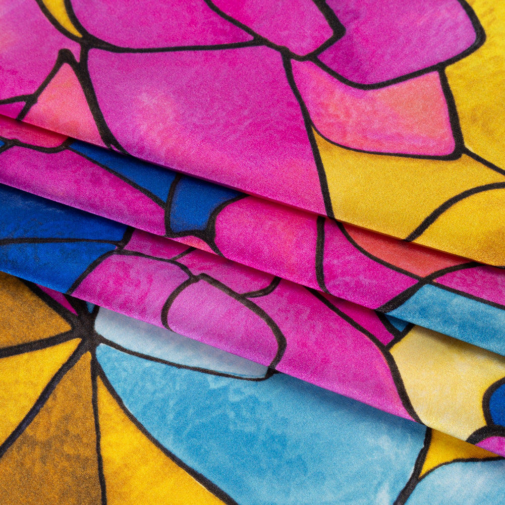 Silk Charmeuse Print 16MM, Made in Italy - Bright Pink, Golden Yellow and Blue Stained Glass Roses - Detail