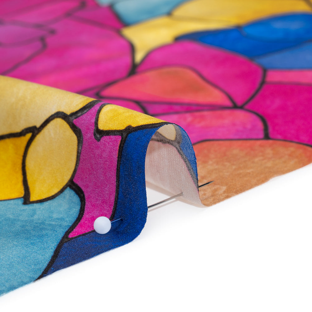 Silk Charmeuse Print 16MM, Made in Italy - Bright Pink, Golden Yellow and Blue Stained Glass Roses - Full