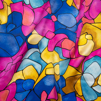 Silk Charmeuse Print 16MM, Made in Italy - Bright Pink, Golden Yellow and Blue Stained Glass Roses