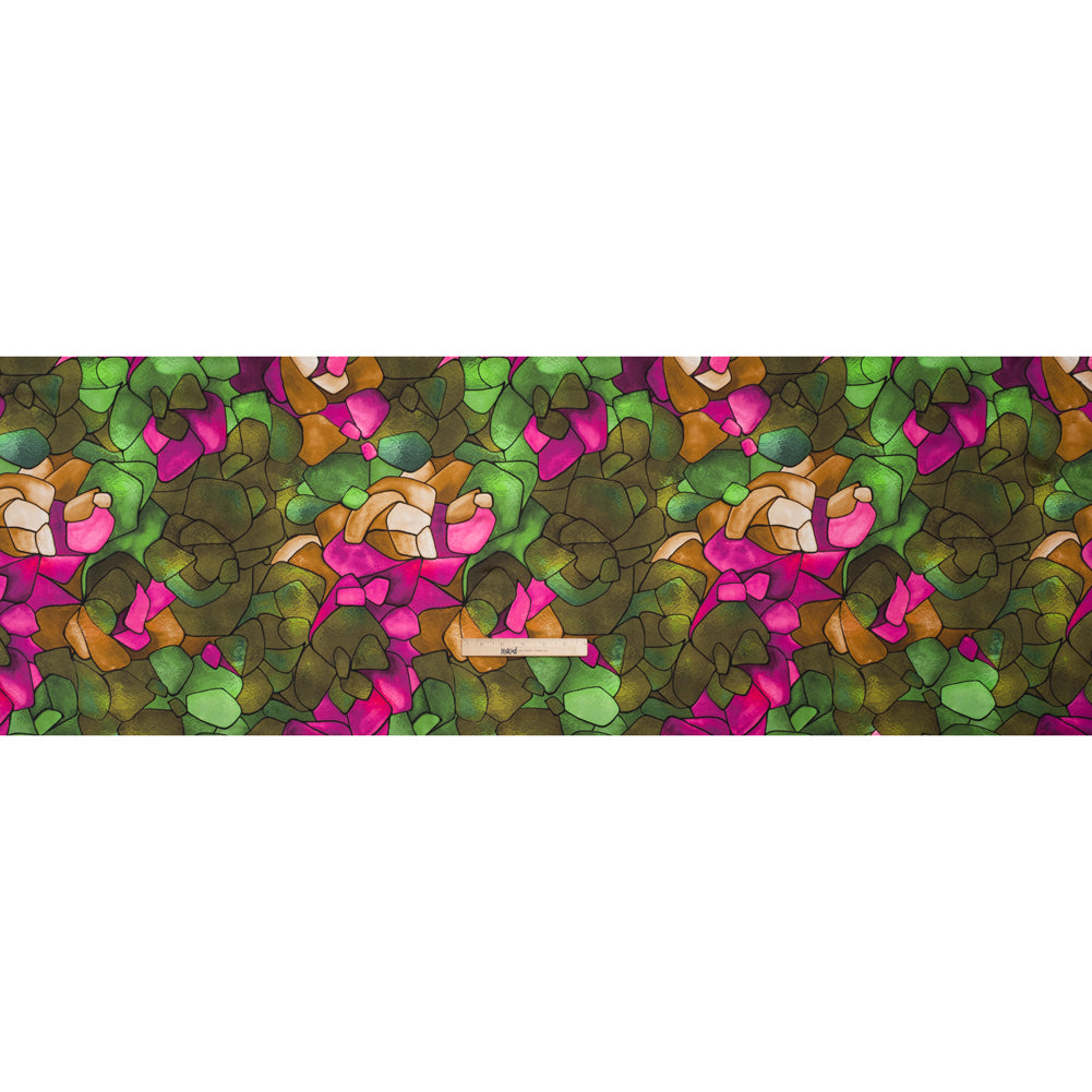 Silk Charmeuse Print 16MM, Made in Italy - Olive Green, Tan and Bright Pink Stained Glass Roses - Full - Image 5 of 6