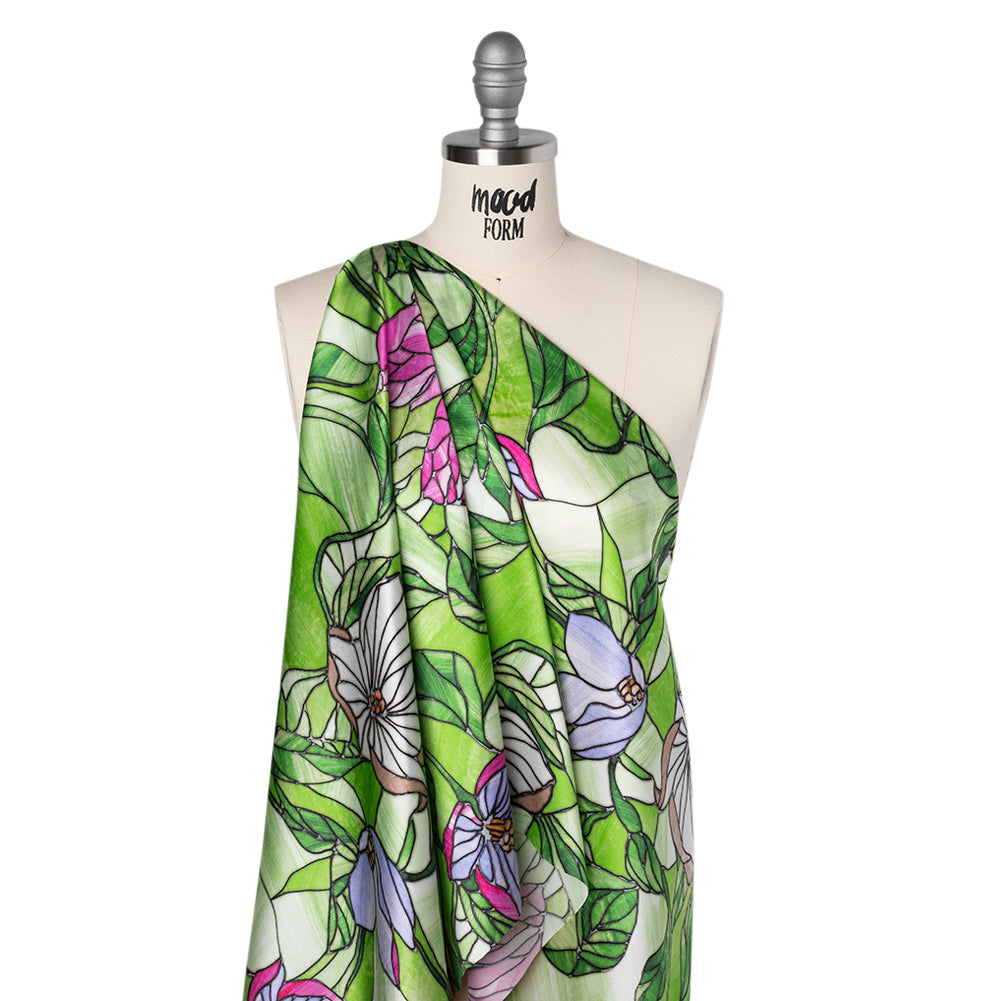 Silk Charmeuse Print 16MM, Made in Italy - Grass Green, Hot Pink and Lavender Stained Glass Flower Garden - Folded