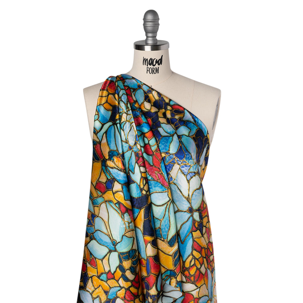 Silk Charmeuse Print 16MM, Made in Italy - Sky Blue, Golden Yellow and Red Stained Glass Flower Mosaic Folded