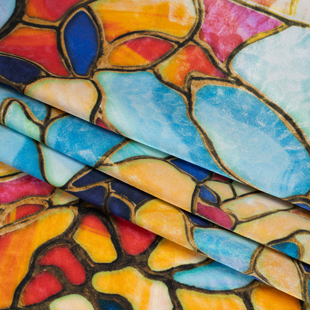 Silk Charmeuse Print 16MM, Made in Italy - Sky Blue, Golden Yellow and Red Stained Glass Flower Mosaic Detail