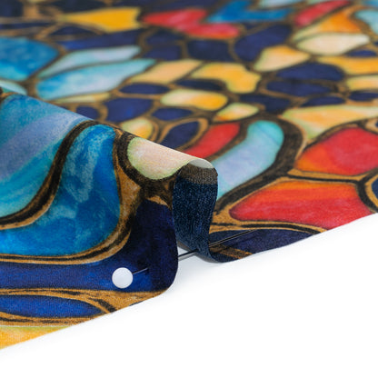 Silk Charmeuse Print 16MM, Made in Italy - Sky Blue, Golden Yellow and Red Stained Glass Flower Mosaic Full