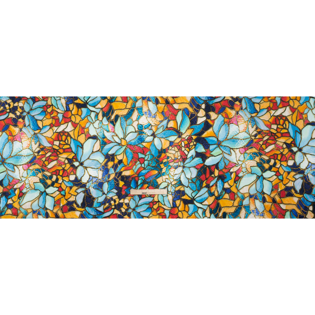 Silk Charmeuse Print 16MM, Made in Italy - Sky Blue, Golden Yellow and Red Stained Glass Flower Mosaic - Full - Image 5 of 6