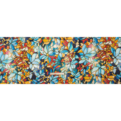 Silk Charmeuse Print 16MM, Made in Italy - Sky Blue, Golden Yellow and Red Stained Glass Flower Mosaic